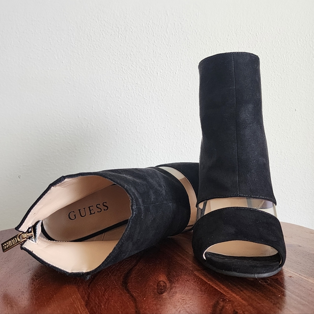 Guess Peep Toe Booties In Black Suede And Clear PVC Size 7.5 - Picture 9 of 11
